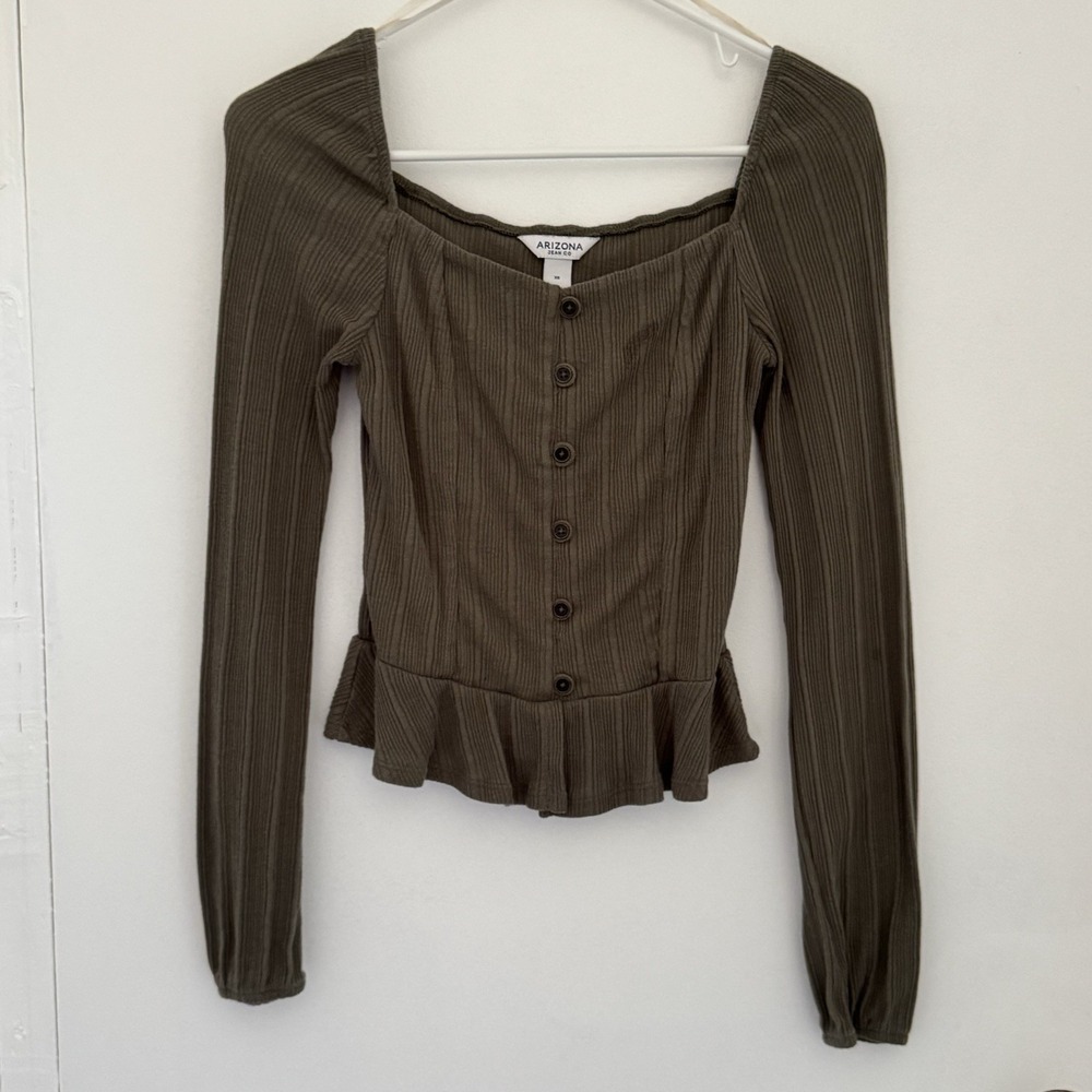 ARIZONA JEAN & CO Top Womens XS Olive Green Flare Out Ribbed Y2K Fairy Preppy